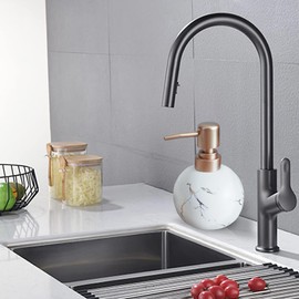 Gold Soap Dispenser for Bathroom or Kitchen, Cute Marble Round Ceramic Lotion Bottle, Rust-Free Pump(White)