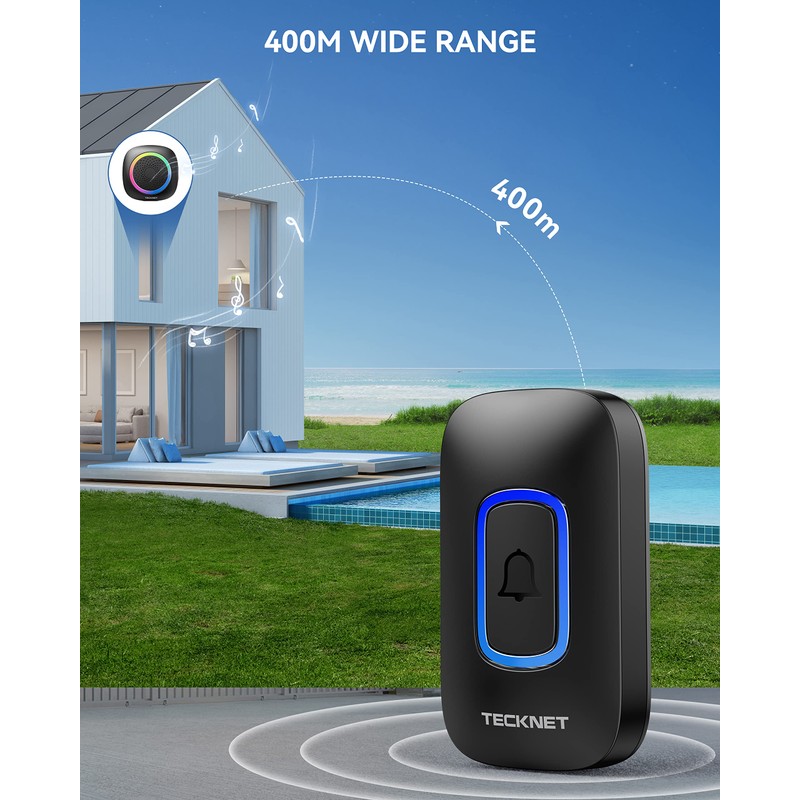TECKNET Longest 1300 Feet Wireless Doorbell with RGB Alarm Lighting,Battery-Powered
