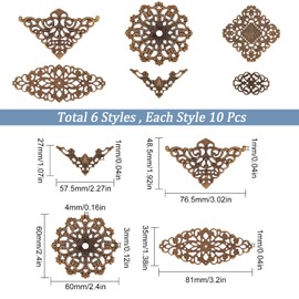 SUNNYCLUE 1 Box 60Pcs 6 Styles Antique Bronze Filigree Metal Filigree Pieces Iron Flower Embellishment Hollow Tibetan Charm for Jewelry Making Charms Choker Necklace Bracelet Earrings DIY Accessories