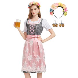 Hislovy Dirndl Women's 5-Piece Oktoberfest Women's Outfit Dirndl Complete Sets Traditional Dress Midi for Carnival Cosplay (Grey, XL)