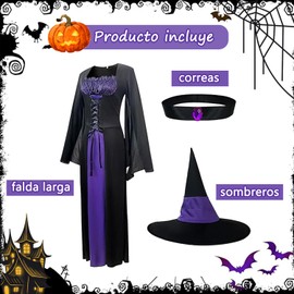 Disfraz de Bruja Mujer Halloween de 3 Piezas - Vestido Clásico de Bruja Morada con Sombrero y Gargantilla Incluidos, Estilo Gótico, para Fiesta de Disfraces Adultos,Cosplay (L)