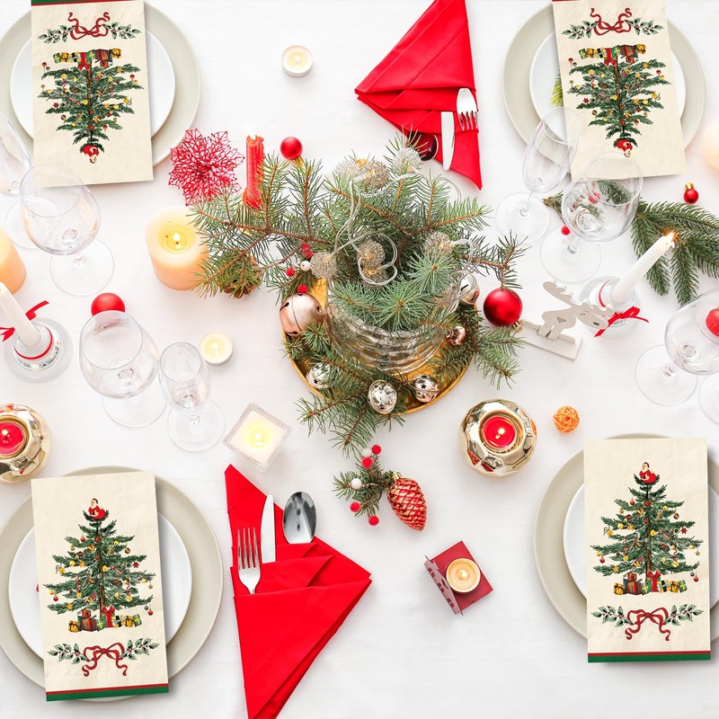 100Pcs Christmas Guest Napkins Retro Xmas Tree Disposable Paper Napkin