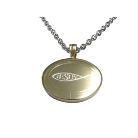 Kiola Designs Gold Toned Etched Oval Religious Ichthys Jesus Fish Pendant Necklace