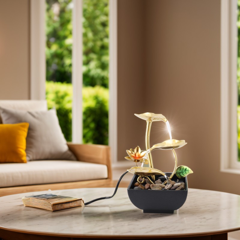 Tabletop Waterfall Fountain 3 Tier Lotus Leaf LED Light Circulating
