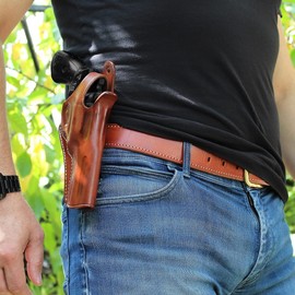 Premium Leather OWB Paddle Holster with Thumb Break Fits S&W Model 686 4'' 357 Mag 6-Shot, Right Hand Draw, Brown Color #1095#