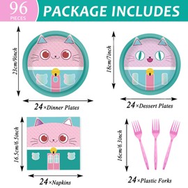 96 Pcs Cat House Paper Plates and Napkins Cat Party Birthday Decoration Kitten Themed Tableware Set Cute Kitten Dessert Disposable Dinnerware for Kids Birthday Baby Showers 24 Guests Party Supplies