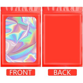 Artcut 100 PCS Mylar Bags, Holographic Bags, Baggies, Cute Small Plastic Bags, Resealable Sweet Pouches, Wax Melt Bags, Sample Bags for Lipgloss, Jewelry, Eyelash, Small Business (Red, 4 * 6inch)