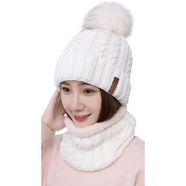 29 IYEBRAO Womens Winter Knit Pom Pom Beanie Hat Scarf Set Girls Slouchy Thick Fleece Lined Ski Hat Warm Skull Cap (White)