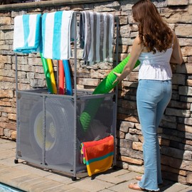 Pool Bins Pool Equipment Holder with Towel Drying Bars, Mesh Rolling Multi Use Storage Organizer Bin, Large Towel Hanger (25" L x 34.5" W x 62.6" H), Gray