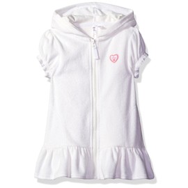 Pink Platinum Girls Swim Cover Up - Full Zip Hooded Ruffled Kids Terry Cloth Bathrobe, Swim Cover Up Dress for Girls (2T-16), Size 7-8, White