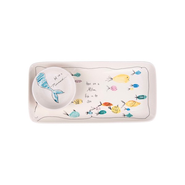 Creative Co-Op Coastal Rectangle Stoneware Platter with Dish, Mermaid, and Sea life Illustrations, Multicolor