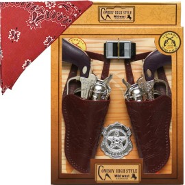 COWBOY HIGH STYLE CHROME COWBOY GUNS TOY PISTOL REVOLVER WILD WEST PLAY SET BADGE HOLSTER BANDANA