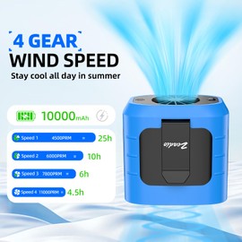 Zeadio Portable Waist Clip Fan, 4 Speeds 10000mAh Operated Hands-free Wearable Necklace Fan, with Lighting and Charging Function for Hot Flashes Home Office Travel Outdoor Sports - Blue