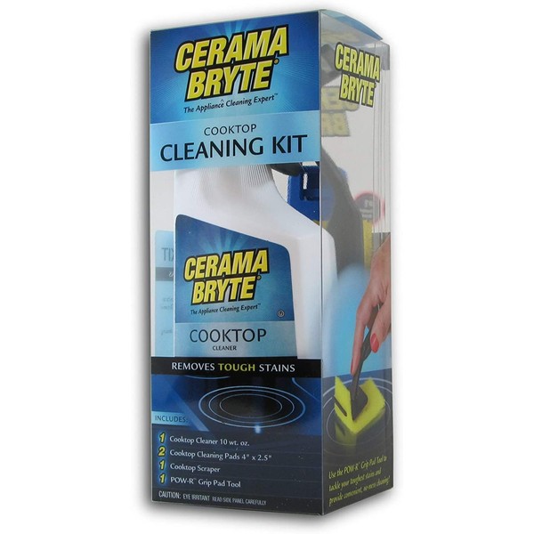 Cerama Bryte - Cooktop Cleaning Kit - Includes 10 oz. Bottle of Cerama Bryte Cooktop Cleaner, 2 Cleaning Pads, 1 POW-R Grip Pad Tool and 1 Scraper packed in Reusable Container