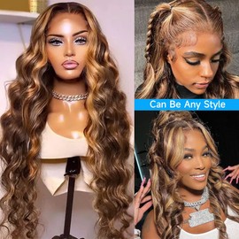 Avolo Highlight Ombre Lace Front Wigs Human Hair 30 Inch 4/27 Colored Honey Blonde Frontal Wigs Pre Plucked With Baby Hair 13x4 Glueless Transparent HD Body Wave Lace Front Wig Human Hair For Women