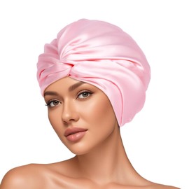 AOOWU Satin Bonnet, Silk Sleep Bonnets for Women, Double Silk Layer Sleep Cap, Night Sleep Cap, Hair Bonnet for Bath, Hair Care Head Cover Hat for Women Girls Straight and Curly Hair Light Pink