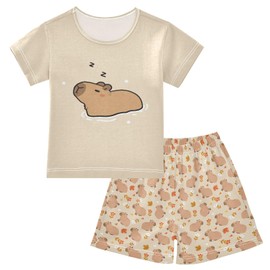 Mnsruu Night Cute Capybara Kids Short Sleeve Cotton Pajamas Set Sleepwear for Boys and Girls, multicoloured