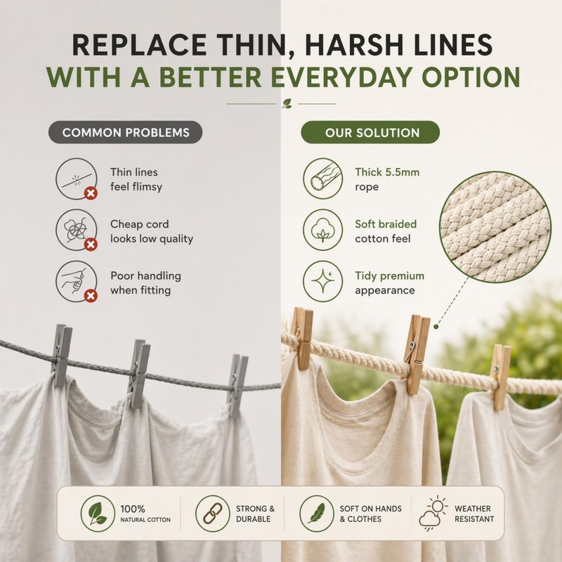 Natural Cotton Washing Line Rope 25m x 5.5mm, Braided Clothes