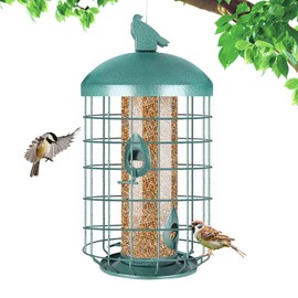 Yinns Caged Bird Feeder for Outside, Large Squirrel Proof Metal Bird Feeders 3 Lbs, Wild Bird Feeder Hanging Outdoors Tube Feeders with 4-Ports, Waterproof (Green)