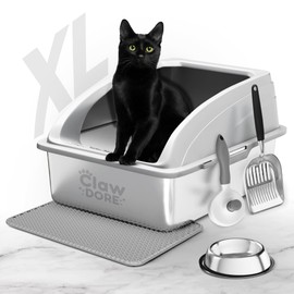 Extra Large Stainless Steel Litter Box with Lid for All Types of Cats - Odor Control & Clump-Free Litter Pan - XL Enclosed High Sided Cat Litter Box for High Spraying Cats - Scooper, Brush, Bowl & Mat