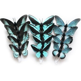 Aqua Blue 01: 12 Pack DIY 3D Butterfly Stakes Decor - 2 Sizes of Butterfly Ornament for Home, Fake Flower, Floral Supplies, Tea Party, Wedding, Easter, Christmas, Spring, Fall