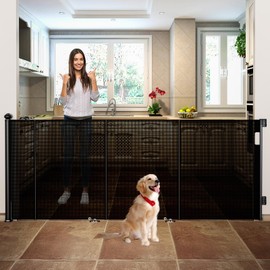 Reinforced 150 Inch Wide Retractable Baby Gate Indoor, 42’’ Tall Dog Gate Extra Wide with Child Lock, Length-Adjustable Mesh Gates Suitable for Stairs, Rooms, Doorways, Hallway, Kitchen