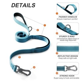 TwoEar Correa de perro azul fuerte de 5 pies y 1 pulgada con 2 asas acolchadas, mango de tráfico extra, mango doble cómodo y suave, gancho de bloqueo automático, correa reflectante para caminar para perros pequeños, medianos y grandes