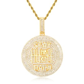 Cysnuc Iced Out 14K White Gold Plated Circle Chain Pendant Necklace 5A+ CZ Diamond Round Coin Encourage Charm with 3mm 24" Rope Chain Hip Hop Jewelry for Men Women, Brass, Cubic Zirconia