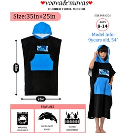 VOOVA & MOVAS Surf Poncho Soft Cotton for Kids Teens, Thick Absorbent Poncho Towel Robe, Hooded Wearable Towel for Pool, Beach, Bath,Swim and Gifts, Black, 8-8 Years