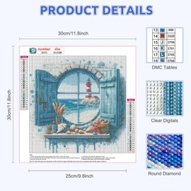 EOBROMD Diamond Painting Adult Window, 5D Diamond Painting Pictures Lighthouse, DIY Diamond Painting Landscape Set for Wall Decoration, 30 x 30 cm