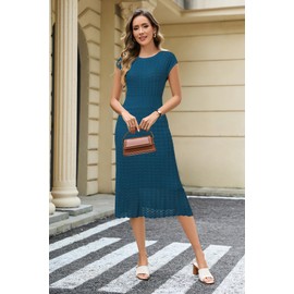 Newshows Women Summer 2025 Teacher Outfits Work Midi Boat Neck Cap Sleeve Hollow Knit Modest Business Casual Dress(Teal Blue,L)