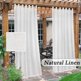 Outdoor Linen Sheer Curtains for Patio Waterproof - Indoor/Outdoor Divider Privacy Added Light Filtering Porch Decor with Detachable Self-Stick Tab Top for Gazebo/Cabana, White, 2 Pieces, W52 x L108