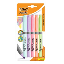 BIC, Marcatextos con Grip, Subraya Todo, Punta Cincel, Marking Pastel, Surtido de Colores, 5 piezas