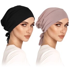 2 Pcs Women Hijab Undercap, Head Wraps Head Scarf for Sleeping Islamic Muslim Under Hijab Cap Hijab Underscarf with Tie Back Closure Solid Color Chemo Headwear Hijab Scarf Hats Underscarf Turban