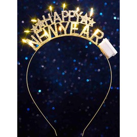 DRESBE Light Up Happy New Year Headband LED New Year Eve Headbands Glow NYE Party Hair Accessories for Women (Gold)