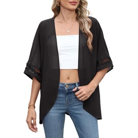 LILBETTER Women Lightweight Chiffon Kimono Cardigan Puff Sleeve with Lace Loose Beach Wear Cover Up Blouse Top(Black, X-Large)