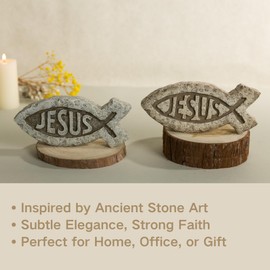 ShineOnAngel Christian Jesus Fish Sculpture, 7.4” Resin Ichthys Tabletop Decor with Engraved “Jesus” Vintage Religious Statue for Home & Office