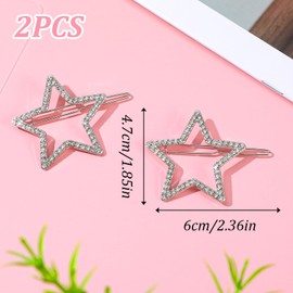 2PCS Star Hair Clip, Silver Star Hair Clips with Sparkly Rhinestones Hollow Stars Barrettes for Women Lady Girls Long Short Straight Curly Hair Accessories