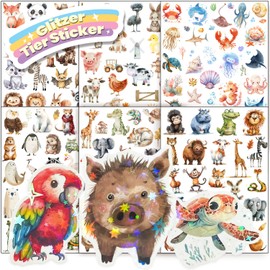 Animal Glitter Stickers with Glitter Effect, 6 Pieces, Over 150 Motifs, Glitter Stickers, Animal Stickers, Holographic Animals, Forest Animals for Children, Girls, Scrapbooking, Photo Album, Gifts