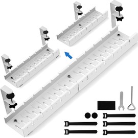 No Drilling Extendable Under Desk Cable Management, Metal Cable Management Tray Under Desk with Clamp, Retractable Power Strip Cord Holder for Wire Management 31Inch (White)