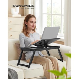 SONGMICS Laptop Desk, Bed Sofa Breakfast Tray, Adjustable Tilt Top, Right-Left Handed, Adjustable Folding Legs, Drawer, Rustic Dark Brown ULLD110B01