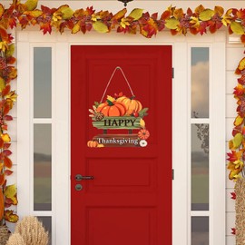Qyeaber 2 Pcs Thanksgiving Door Decor, Wooden Front Door Welcome Hanging Sign, with Pumpkin Turkey Give Thanks and Happy Thanksgiving for Thanksgiving Home Fall Autumn Holiday Party Wall Decoration