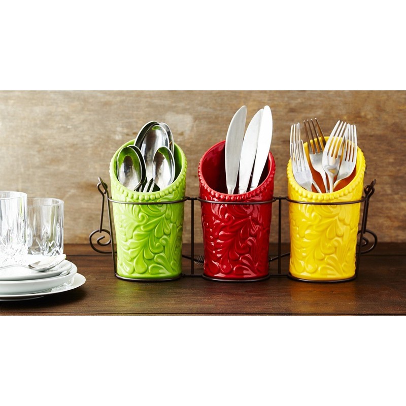 Kitchen Utensil Holder Set (4 Pieces) - 3 Ceramic Crocks