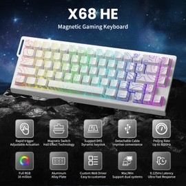 ATTACK SHARK X68 HE 8000Hz Rapid Trigger Keyboard, 0.01mm RT Accuracy Wired Gaming Keyboard with Magnetic Switch, Adjustable Actuation, Rapid Trigger, Snap Tap, RGB Lighting for PC/Mac, White Contours