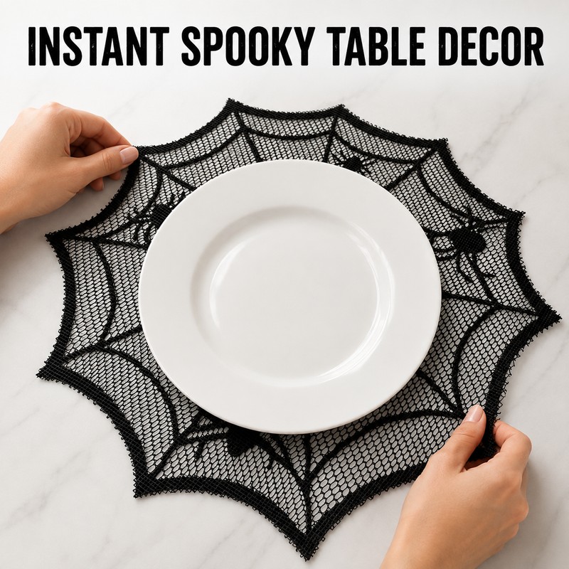 30cm Black Spider Web Placemat for Halloween – Lace-Style Round