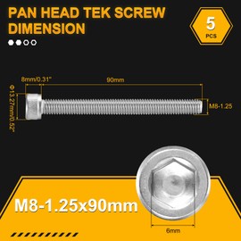 DTGN M8-1.25x90 Socket Head Cap Screws Bolts - 5Pack - Good for Road Bicycle, Mountain Bike, Auto, Motorcycle - 304 Stainless Steel Hex Head Metric Screws - Silver