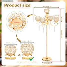 50" Metal Crystal Tealight Candlestick Candle Holder with Pendants - Multi-Height Floor/Table Centerpiece for Home Decor, Wedding & Party Events - Elegant Crystal Bowl Design (Gold-2pcs, 5-Arm)