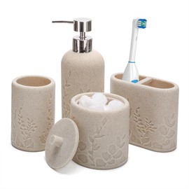 Aksipo Beige Bathroom Accessories Set, 4 Pcs Sturdy Resin Bathroom Accessory Set, Hand Soap Dispenser, Toothbrush Holder Set, Tumbler, Qtip Holder Dispenser, Stylish & Modern Bathroom Decor Set