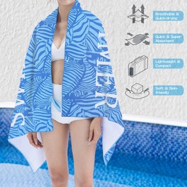 ILLUVA Microfiber Beach Towel, Compact Beach Towel Quick Dry, Blue Sand Free Travel Beach Towels with Buckle to Used as Poncho & Hanging Strap for Easy Carry, 150cm x 70cm