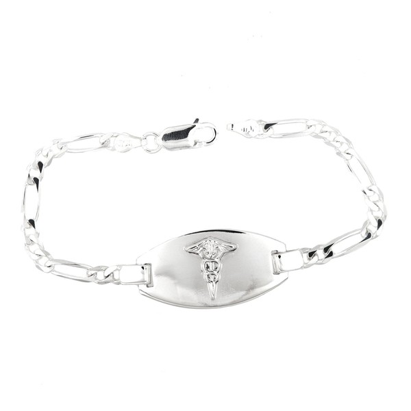 LGU Sterling Silver Polished Medical Alert Identification Figaro Chain Engravable Bracelet (9 inches)